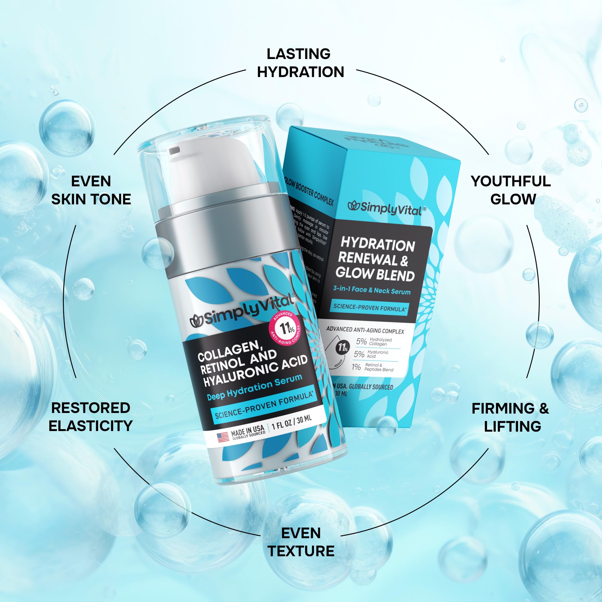 SimplyVital Collagen, Retinol & Hyaluronic Acid Serum – Lightweight Hydrating Facial Serum for Smooth and Radiant Skin, 1 fl oz